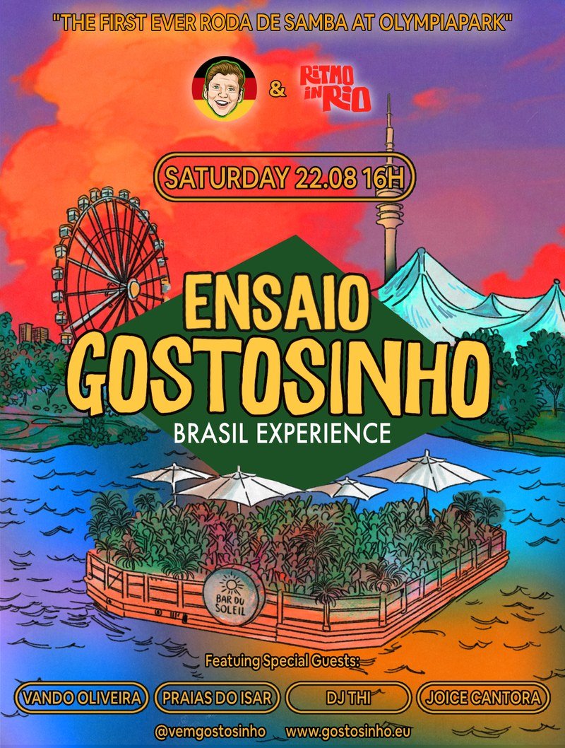 Ensaio Gostosinho flyer: Saturday, August 22, 2026, 4pm, at Bar du Soleil. Featuring Vando Oliveira, Praias do Isar, DJ Thi, and Joice Cantora.