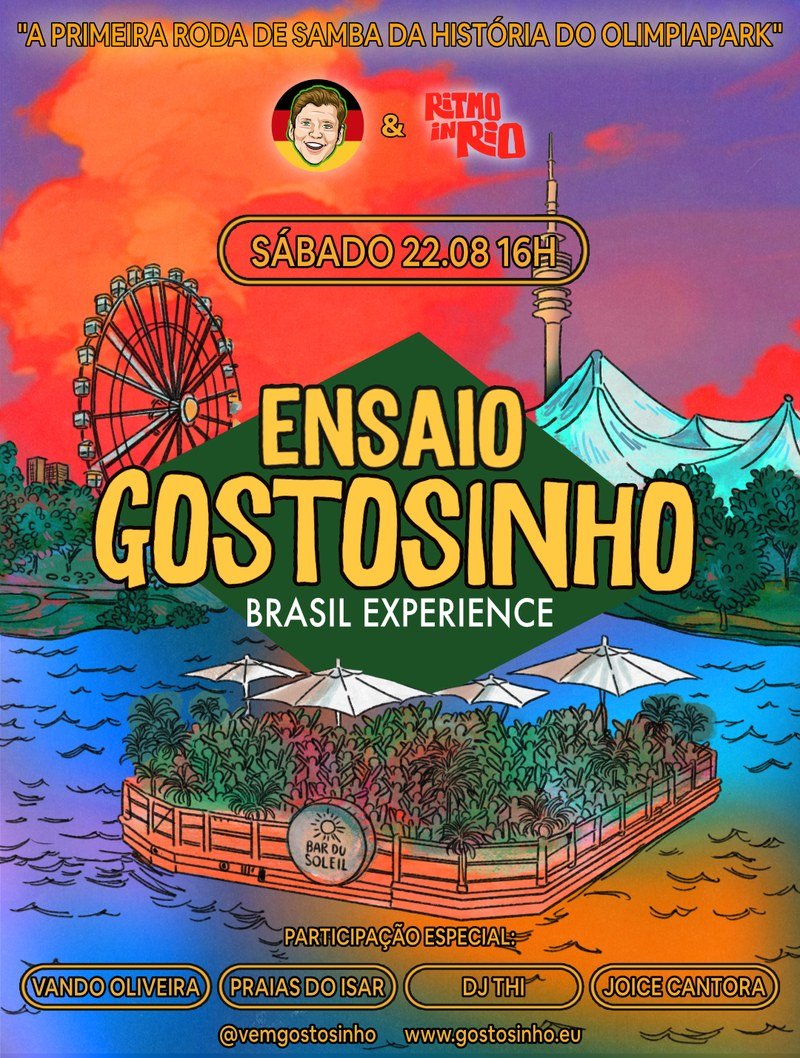 Flyer do Ensaio Gostosinho: s&aacute;bado, 22 de agosto de 2026, &agrave;s 16h, no Bar du Soleil. Participa&ccedil;&atilde;o especial de Vando Oliveira, Praias do Isar, DJ Thi e Joice Cantora.
