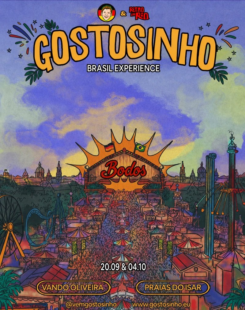 Flyer do Gostosinho Brasil Experience, com Ritmo in Rio, na tenda Bodos. Participa&ccedil;&atilde;o especial de Vando Oliveira e Praias do Isar. 20 de setembro e 4 de outubro de 2026.